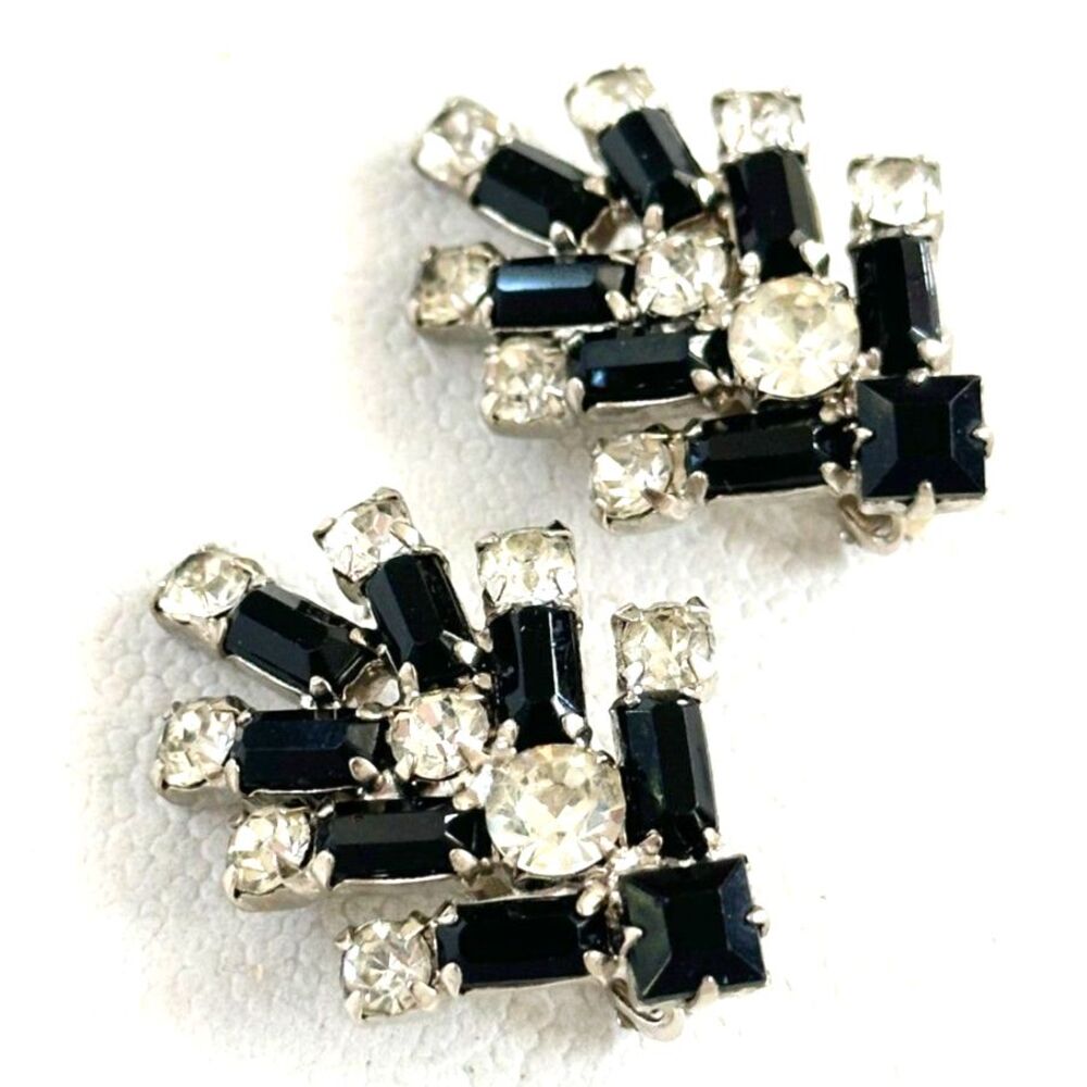 Vintage Art Deco Revival Earrings Black and Clear Rhinestone Clip Ons